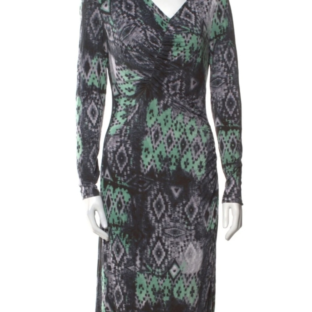 Lafayette 148 New York Long Sleeve Green and Black Printed Maxi Dress